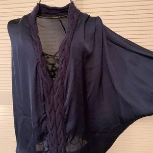 Double Zero Navy Blue Blouse With Knit Sweater Trim